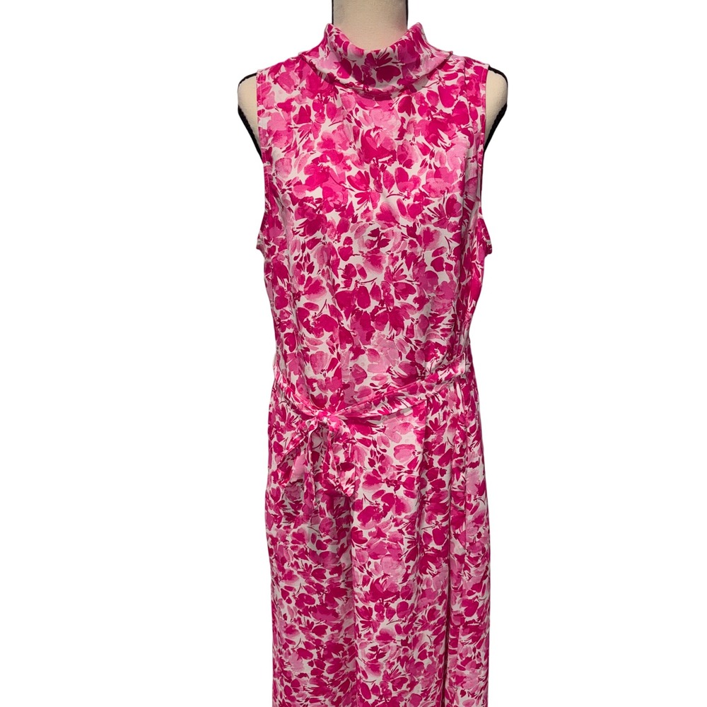 Floral Mock Neck Maxi Dress Sleeveless Belted Womens Large Pink Vince Camuto